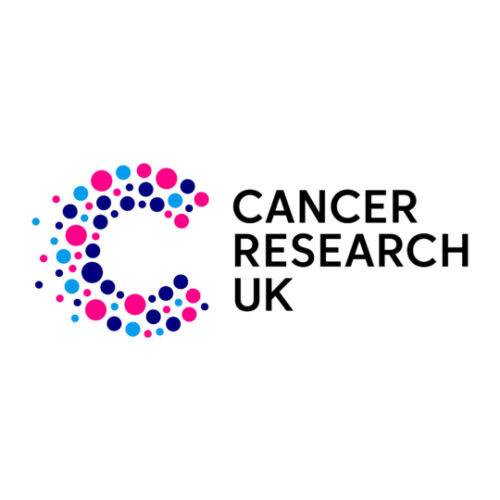 A large letter C made up of different sized coloured circles in bright pink, dark blue and light blue with the words Cancer Research UK next to it serving as CRUK's logo