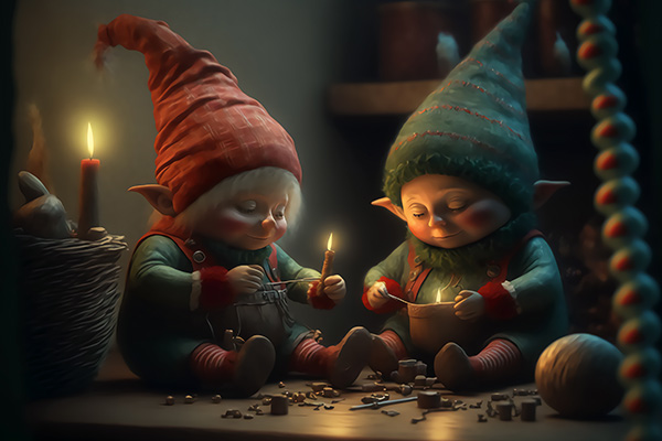 AI generated image of two Christmas Elves making some wooden toys