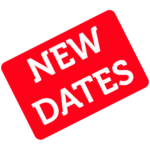 Diagonally placed white writing on a red background which says New dates
