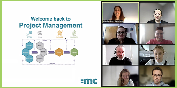 People in zoom on online training viewing a slide of the =mc project management model