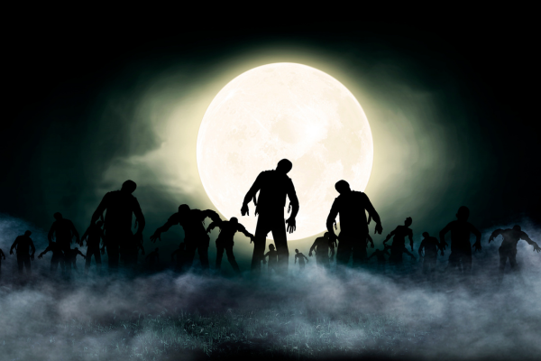 Silhouetted zombies in front of a large full moon